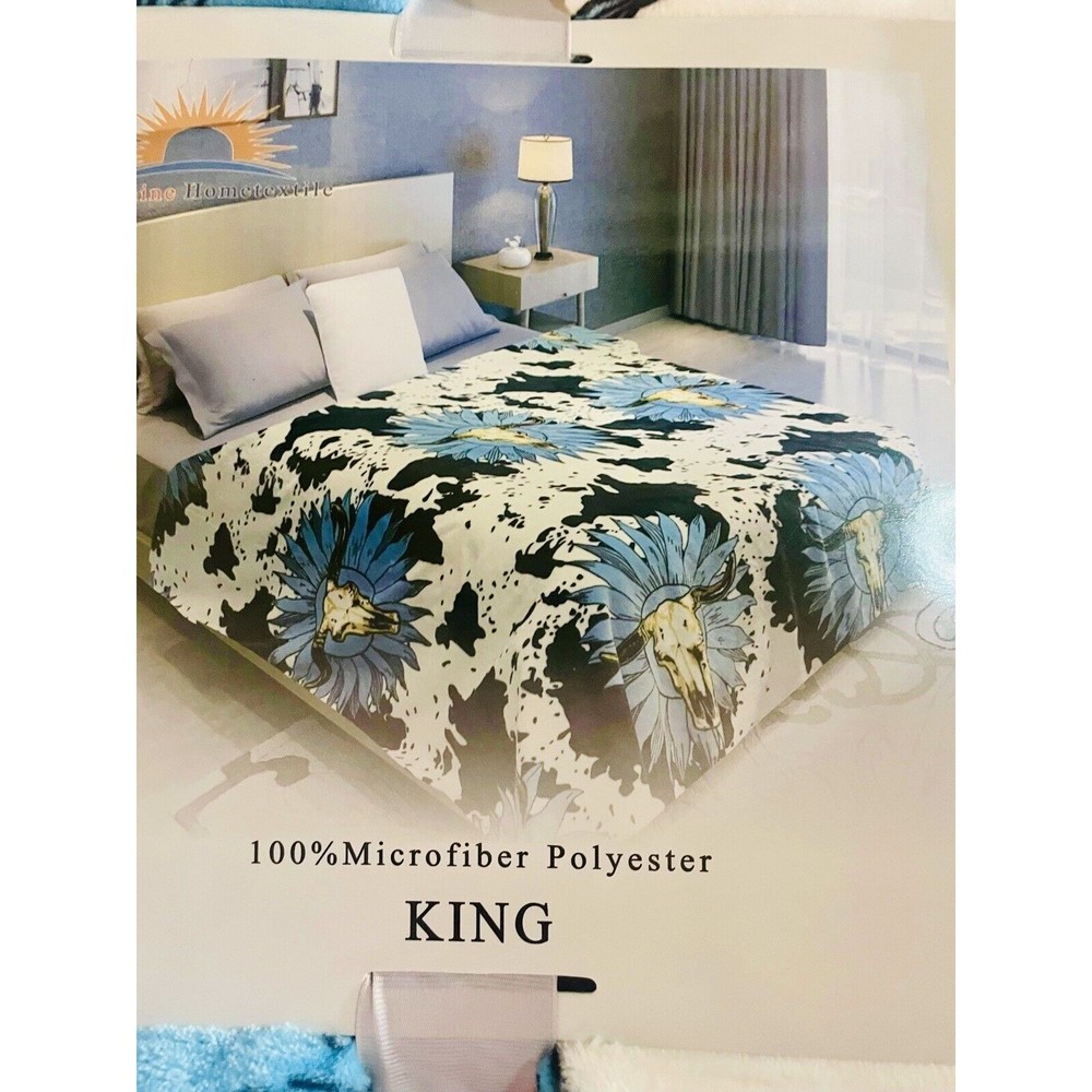 Worlds Softest King Size Comforter Cow Print Turquoise Sunflower Bull  Skull